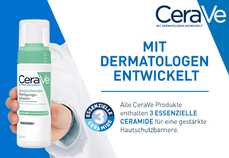 CeraVe Ausgleichender Reinigungsschaum und Text. Mit Dermatologen entwickelt. 3 Ceramide.
